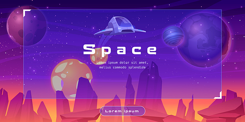 Shuttle in space cartoon web banner with spaceship fly over alien planet surface with rocks. Travel in universe, galaxy explore futuristic technology, cosmic interstellar adventure Vector illustration