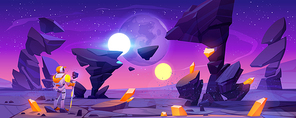 Astronaut on alien planet in far galaxy. Cosmonaut in suit and helmet holding staff stand on ground with glowing crystals and rocks around. Stranger explore outer space, cartoon vector illustration