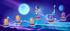 Space game, mobile arcade with astronaut jump on platforms with bonus and asset items on alien planet landscape. Cosmos, universe cartoon 2d gui futuristic adventure with cosmonaut vector illustration