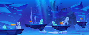 Game level background with platforms under water in sea or ocean. Underwater landscape with ancient ruins, old sunken architecture. Vector 2d interface of arcade game with cartoon illustration