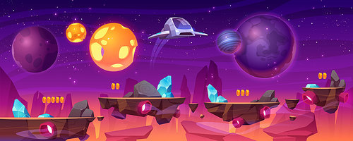 Space game platform, cartoon 2d gui alien planet landscape, computer or mobile background with spaceship, arcade elements for jumping and bonus items. Cosmos, universe futuristic vector illustration
