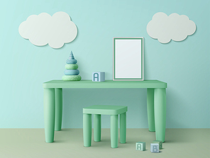Kids table with poster mockup, chair, toy cubes, pyramid and cloud decoration on wall. Child playroom interior with wooden furniture and stuff for games and studying, Realistic 3d vector illustration
