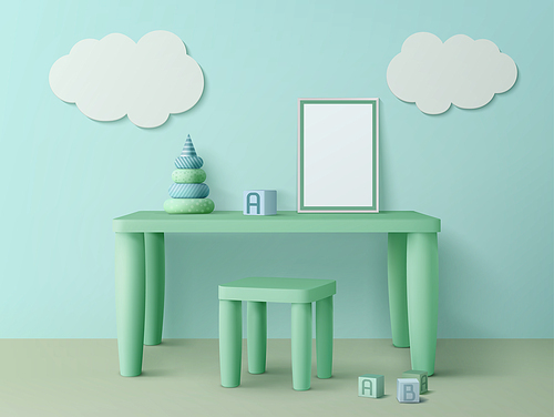 Kids table with poster mockup, chair, toy cubes, pyramid and cloud decoration on wall. Child playroom interior with wooden furniture and stuff for games and studying, Realistic 3d vector illustration