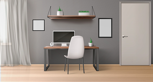 empty office room with monitor on desk, chair, shelf with plants and black picture s. vector realistic interior of modern home workplace with computer screen and wooden table