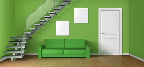 Empty living room with sofa, staircase and white closed door. Vector realistic modern interior of home hallway, office or studio with wooden floor, green walls, couch and blank posters