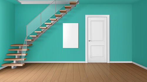 Empty room with staircase and white closed door. Vector realistic modern interior of home hallway, office or studio with wooden floor, green walls and blank posters