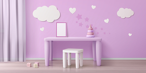 Child room with kids table, chair, white poster and clouds on wall. Vector realistic interior of empty playroom or kindergarten with pyramid toy on pink desk. 3d mockup of blank picture frame