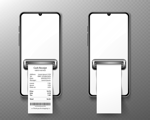 Mobile phone with shop receipt in front view. Concept of online payment, digital invoice and electronic cash check. Vector realistic mockup of smartphone with blank screen and financial bill