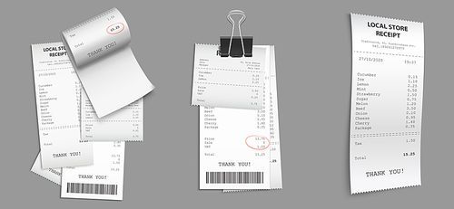 Shop receipts, paper cash checks with barcode. Vector realistic set of purchase bills, pile of printed invoices. Shopping cheques with binder clip isolated on gray 
