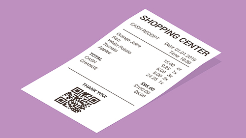 Isometric shop receipt, realistic isolated vector illustration. Straight and curled paper payment bill for cash payment transaction with barcode, goods and their price