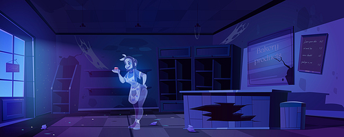 Woman ghost in old abandoned bakery shop at night. Vector cartoon interior of haunted bakery store with broken wooden counter, mess and trash. Halloween scary illustration with dead girl spirit