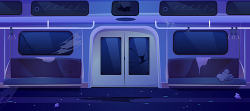 Old subway train car inside. Empty dirty metro wagon interior at night. Vector cartoon illustration of abandoned underground railway carriage with torn seats, mess, trash and cracks