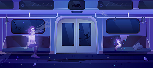 Ghosts in metro, creepy abandoned subway tube wagon interior with dead woman and child sitting on broken seats with garbage around. Old underground metropolitan railroad, Cartoon vector illustration