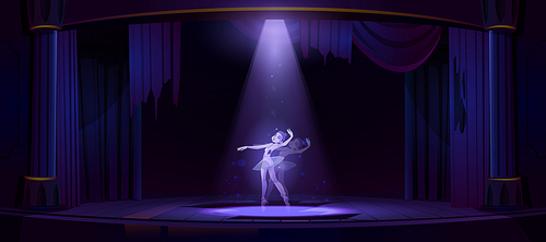 Ghost ballerina dance on old theater stage at night. Vector cartoon illustration of dead woman spirit in abandoned dark opera theatre with spotlight, broken wooden floor and torn curtains