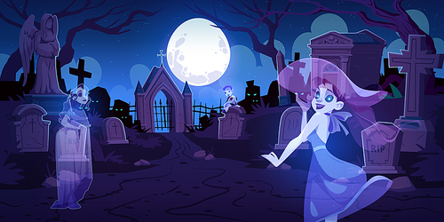 Ghosts on old cemetery with memorial tombstones, graves and crypts. Vector cartoon night landscape with graveyard, moon in sky and spirits of dead women and child. Halloween scary illustration