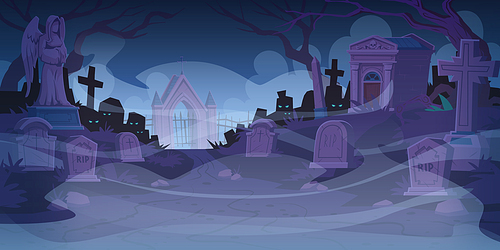 Night cemetery, graveyard with tombstones in fog with glowing spooky eyes and bare creepy trees around, cracked crosses, monuments with rip signature. Old grave tombs Cartoon vector illustration