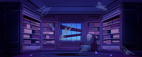 Old dirty library with bookcases, chair and trash at night. Vector cartoon empty interior of library in abandoned house with books on wooden shelves, crack in floor, boarded up window and spiderweb