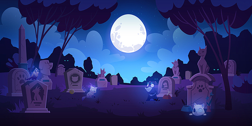 Pet cemetery at night, animal graveyard with tombstones, grave tombs with cats, dogs and birds souls near monuments with their photos under full moon in dark starry sky, Cartoon vector illustration