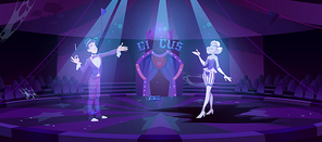 Ghosts on abandoned circus arena, dead artists perform magic show in darkness of big top stage. Halloween spooky scene, scary old interior with moonlight falling on floor, Cartoon vector illustration