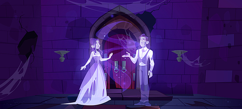 Ghosts in medieval dungeon or night old castle interior. Dead couple lady and gentleman dance in darkness. Scary room with cracked walls and spiderweb, halloween scene, Cartoon vector illustration