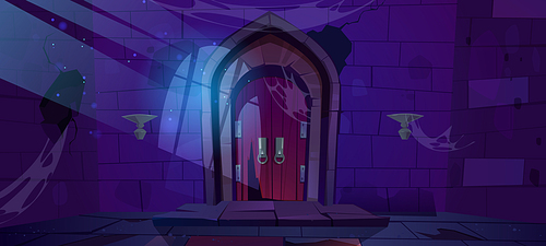 Abandoned dungeon, medieval castle night interior with moonlight fall on wood arched door and barred window shadow on cracked stone wall with spiderweb. Dilapidated palace Cartoon vector illustration