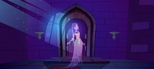 Woman ghost in medieval castle with wooden doors. Vector cartoon spooky illustration of entrance to dungeon, prison or fortress and dead girl spirit. Halloween scary background with phantom lady