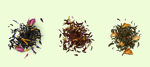 tea heaps top view, assortment of dry leaves and flowers isolated on . red, green, black herbal dried fresh beverages. healthy, organic drink, realistic 3d vector illustration, set