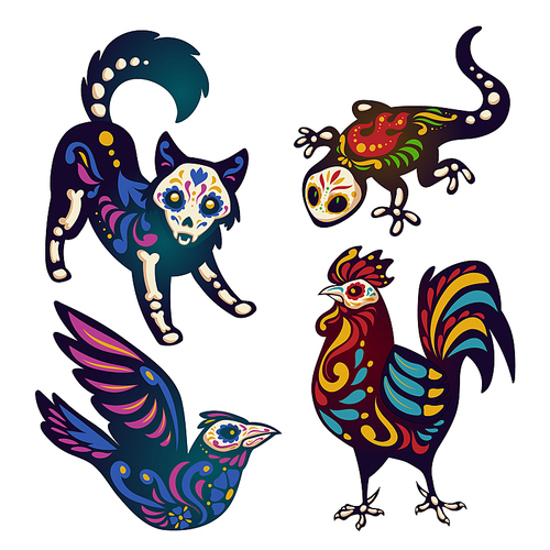 dia de los muertos, mexican day of dead with animals skeletons. vector cartoon set of black dog, bird, rooster and lizard with colorful  of bones, skulls, fire and flowers isolated on white
