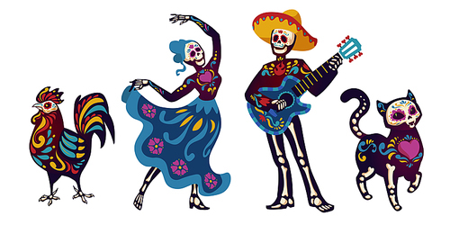 Day of the dead, Dia de los muertos characters dancing Catrina or mariachi musician, cat and cock skeletons decorated with Mexican elements. Halloween holiday party, fest, Cartoon vector illustration