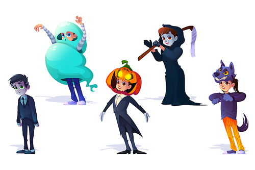Kids in Halloween monsters costumes spooky ghost, grim Reaper, Jack-o-lantern, Frankenstein and werewolf cartoon characters. Children in carnival dresses, holiday or party vector illustration, set