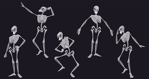 Human skeleton character in different poses isolated on black . Vector set of cartoon smiling skeleton, dancing body from bones and skull. Halloween emoji set of dead man