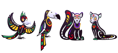 Day of the dead, Dia de los muertos, parrot, toucan, lemur, cat skulls and skeleton decorated with colorful Mexican elements and flowers. Fiesta, Halloween holiday party, Cartoon vector illustration