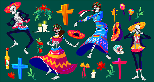 Mexican Day of the dead, Dia de los muertos skeletons characters and holiday items. Dancing Catrina and mariachi musicians, sugar skulls, cross, flowers and burning candles Cartoon vector illustration