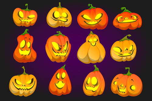 Halloween pumpkin funny faces, jack-o-lantern cartoon character emoji, cute or spooky smiling ghosts with glowing eyes and toothy mouth. Jack lanterns squash mascots laughing, vector illustration, set