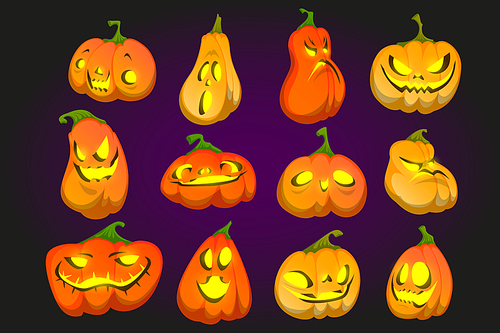 scary halloween pumpkins with spooky smile and yellow glow. vector cartoon set of traditional  lantern from orange pumpkin with evil face and light inside