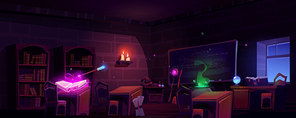Magic school classroom with open book of spell, chalkboard and bookcases at night. Vector cartoon illustration of empty wizard room with glowing candles, cauldron and magician wand