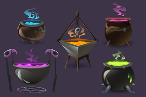 Witch cauldrons with boiling magic potions. Old cooking boilers with colored brew and steam. Vector cartoon set of copper cauldrons with sorcery poisons, witchcraft equipment