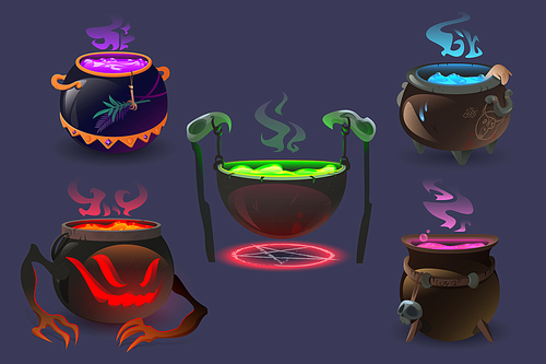 Witch cauldrons with magic potions and elixir boiling. Wizard pots with colorful liquid and smoke. Ui design elements for computer game, magician poison brew, decoction isolated Cartoon vector set