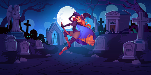 Beautiful witch on cemetery at night. Redhead woman in spooky hat flying on broom on moon background. Vector cartoon landscape with graveyard and girl in magician costume. Scary Halloween illustration