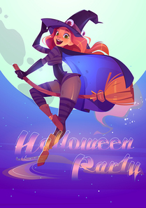 Halloween party cartoon poster, beautiful witch in magician hat and costume flying on broom on full moon background. Invitation to celebration, sexy enchantress character night sky Vector illustration
