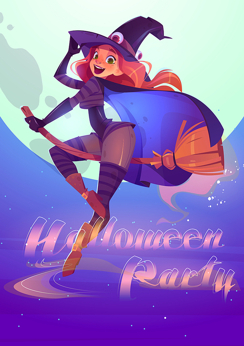 halloween party cartoon poster, beautiful witch in magician hat and costume flying on broom on full moon background. invitation to celebration,  enchantress character night sky vector illustration