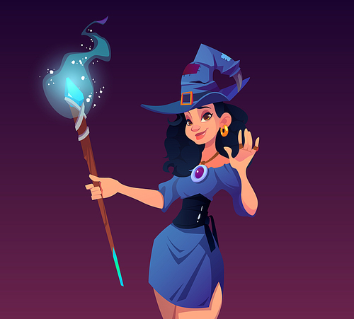 witches night cartoon poster, invitation to halloween party or holiday celebration,  enchantress woman in costume and hat with magic staff or wand, vector illustration