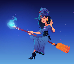 Witch party cartoon vector illustration, beautiful woman in magician hat an dress flying on broom. Design element to Halloween celebration, sexy enchantress character in costume