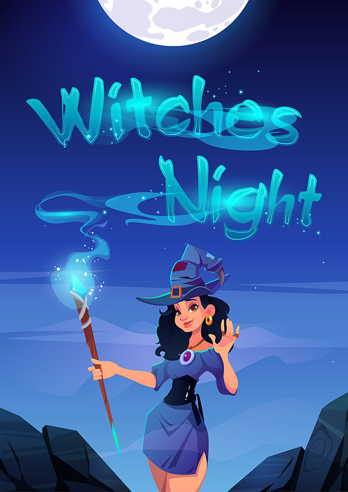 witches night cartoon poster, invitation to halloween party or holiday celebration,  enchantress woman in costume and hat with magic staff or wand stand under full moon glow, vector illustration