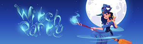 Witch party cartoon vector banner, beautiful woman in magician hat an dress flying on broom in night sky with moon. Invitation to Halloween celebration, sexy enchantress character in costume