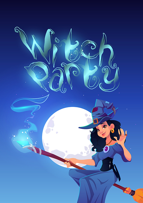 Witch party poster with beautiful woman flying on broom in night sky. Vector invitation flyer to Halloween party with cartoon pretty girl in sorceress costume on moon background