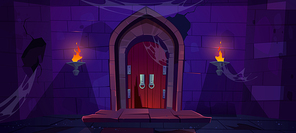 Broken wooden door in medieval castle. Old wood gate in stone wall with flaming torches at night. Vector cartoon illustration of entrance to dungeon, prison or abandoned fortress