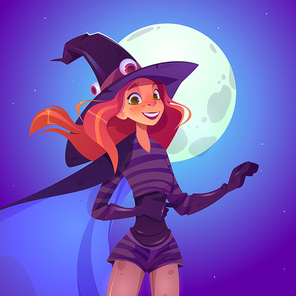 Witch woman, beautiful redhead girl in spooky hat with smiling face cartoon vector illustration. Sexy girl in magician costume, Halloween character