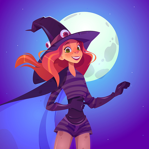 witch woman, beautiful redhead girl in spooky hat with smiling face cartoon vector illustration.  girl in magician costume, halloween character