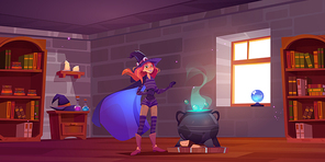 Witch cooking potion in magic school, cute enchantress fantasy character in hat, costume and cape stand at boiling cauldron in classroom with bookshelves and magical items, Cartoon vector illustration